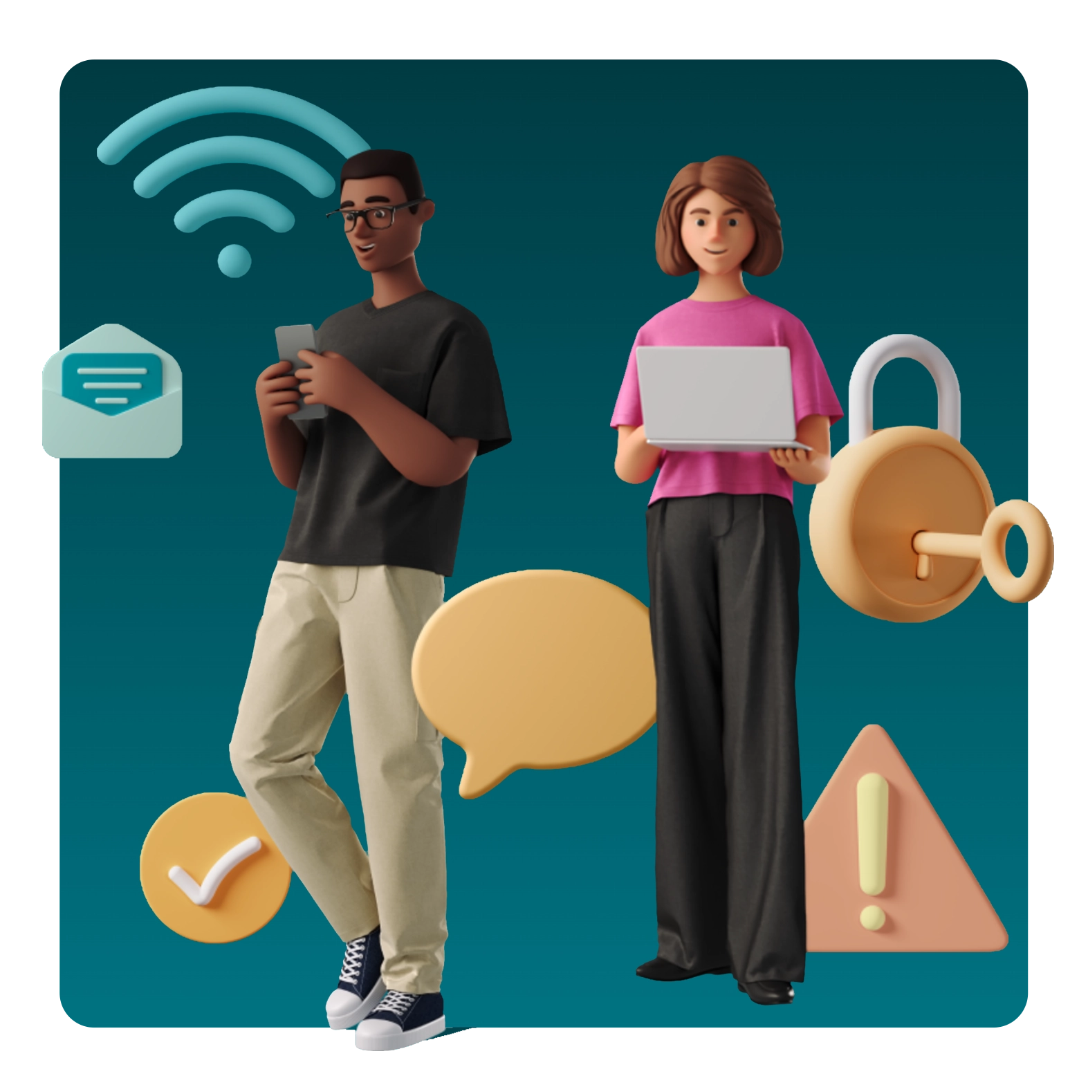 Illustration of a man and woman surrounded by floating icons representing security, including a lock, a wi-fi symbol, and an alert box.